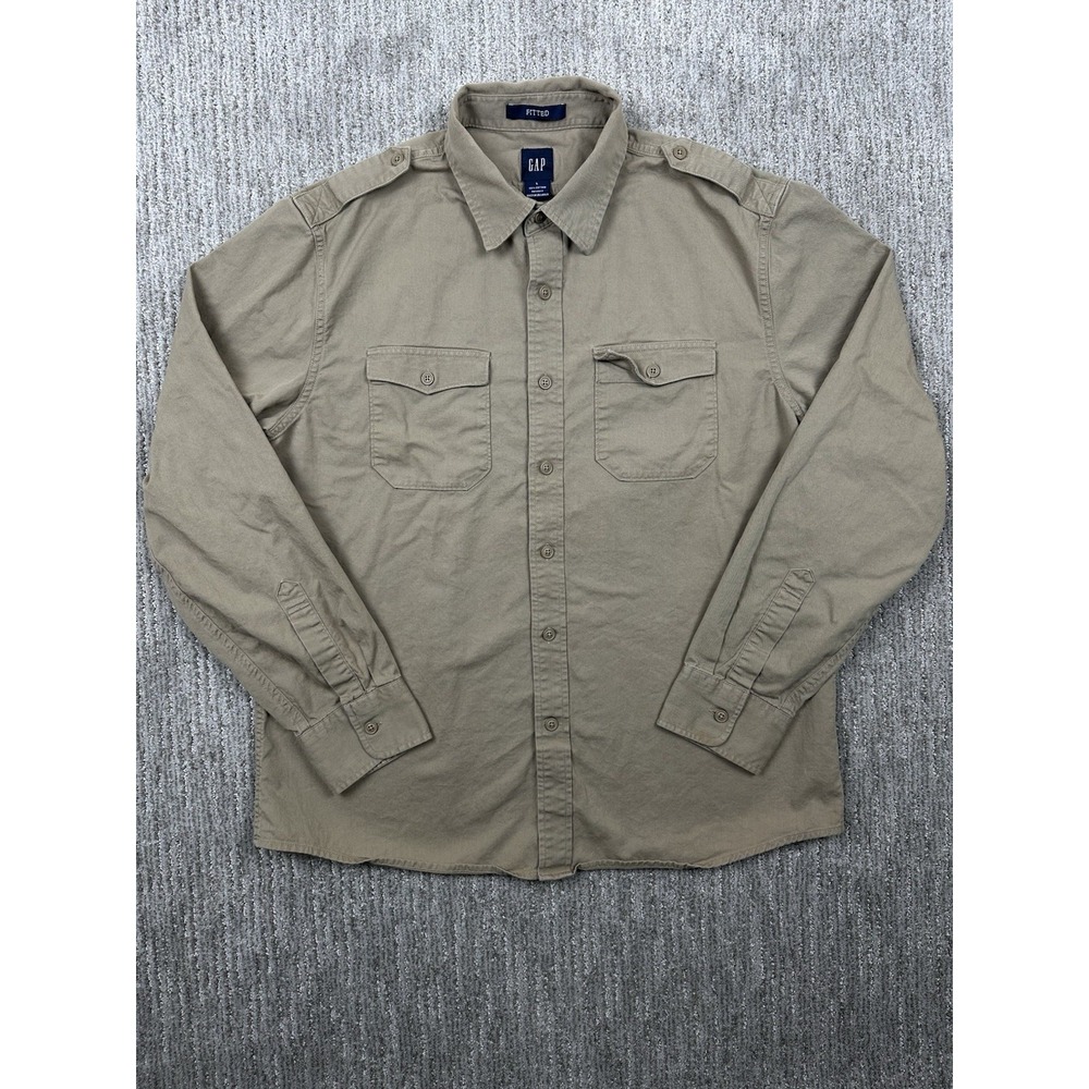 Gap Shirt Mens Large Beige Cotton Twill Button Up Flap Pocket Shoulder Epaulets